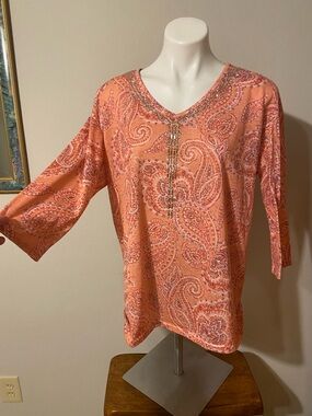 Erika Coral Paisley V-Neck Beaded Women's Top